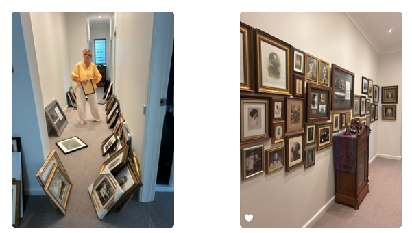 Frames professionally hung as a gallery wall along an internal hallway
