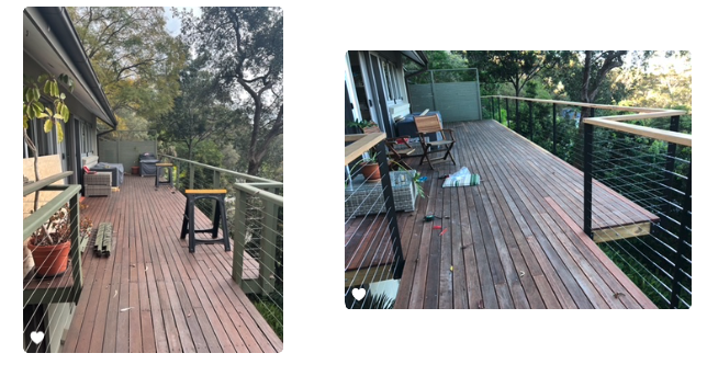 Aged deck boards and cable-rail handrail rebuilt and re-oiled